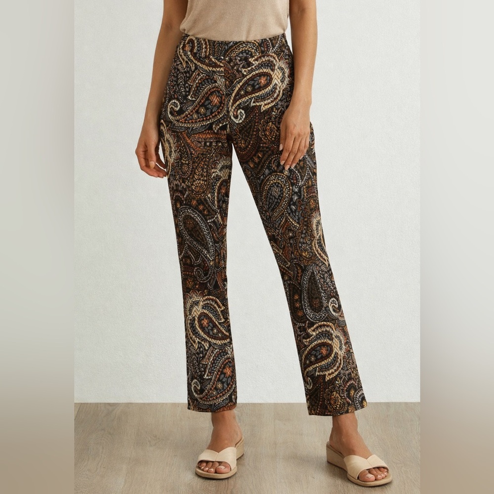 Joseph Ribkoff Paisley Slim Pants Size 10 Med Stretch Pull On Designer Trouser